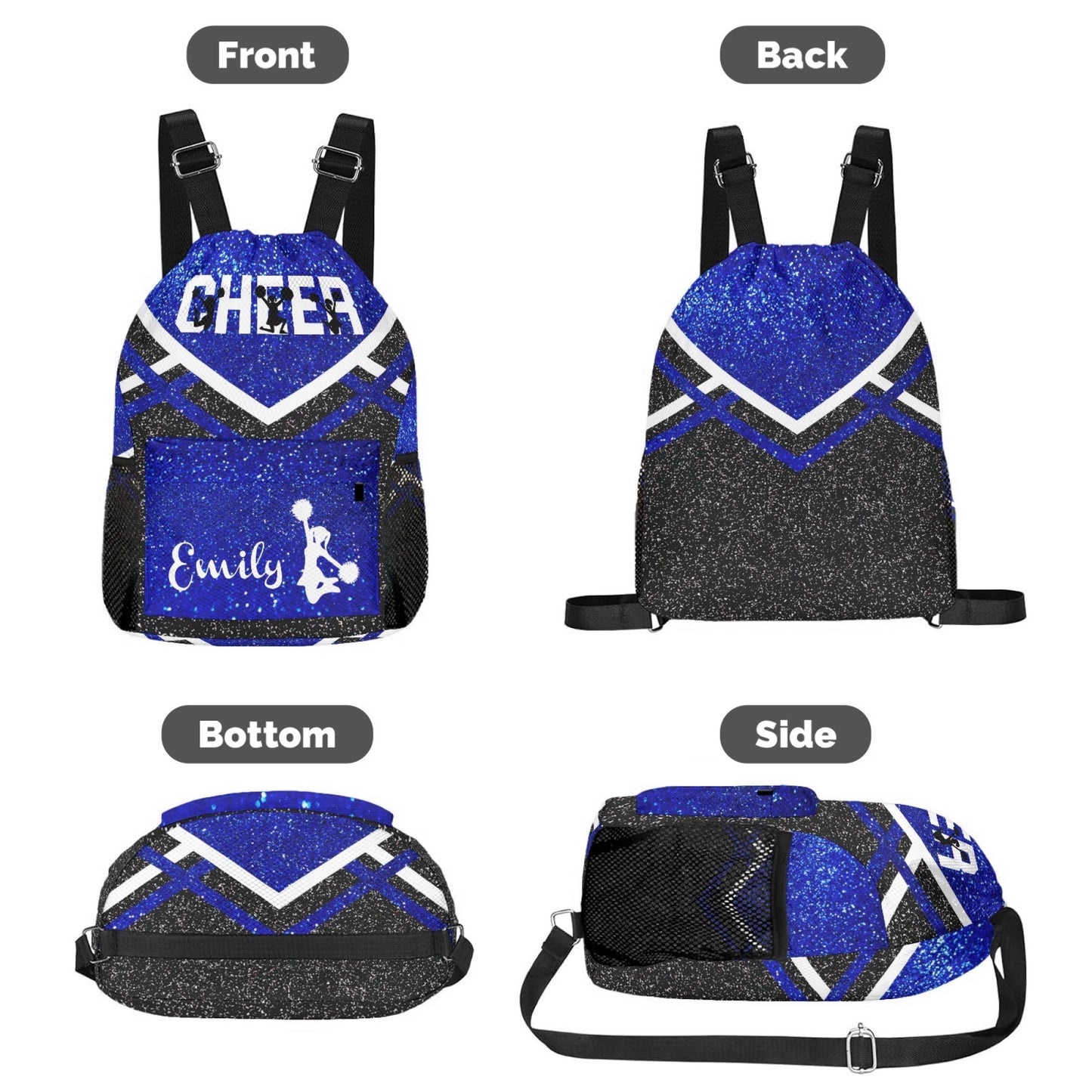 Cheer_Blue_Personalized Cheerleader Drawstring Bag Custom Name