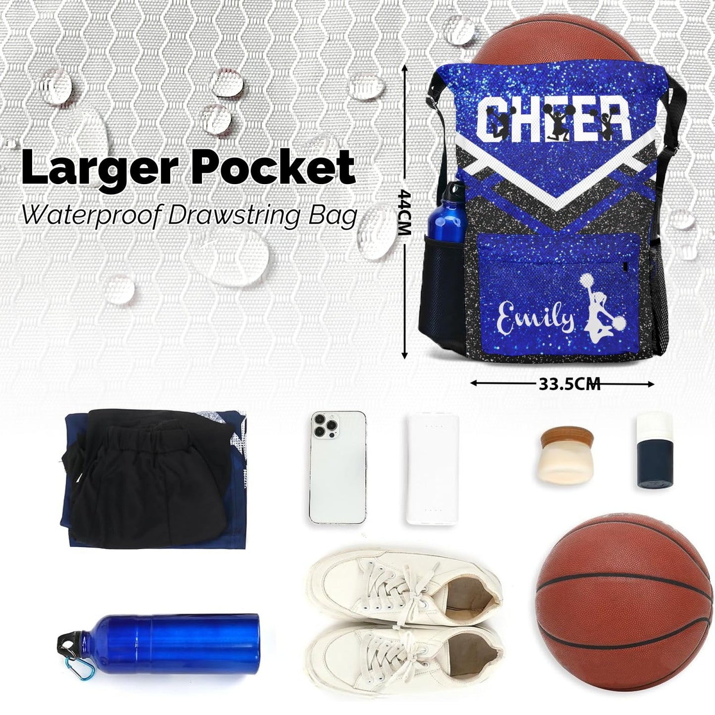Cheer_Blue_Personalized Cheerleader Drawstring Bag Custom Name Blue