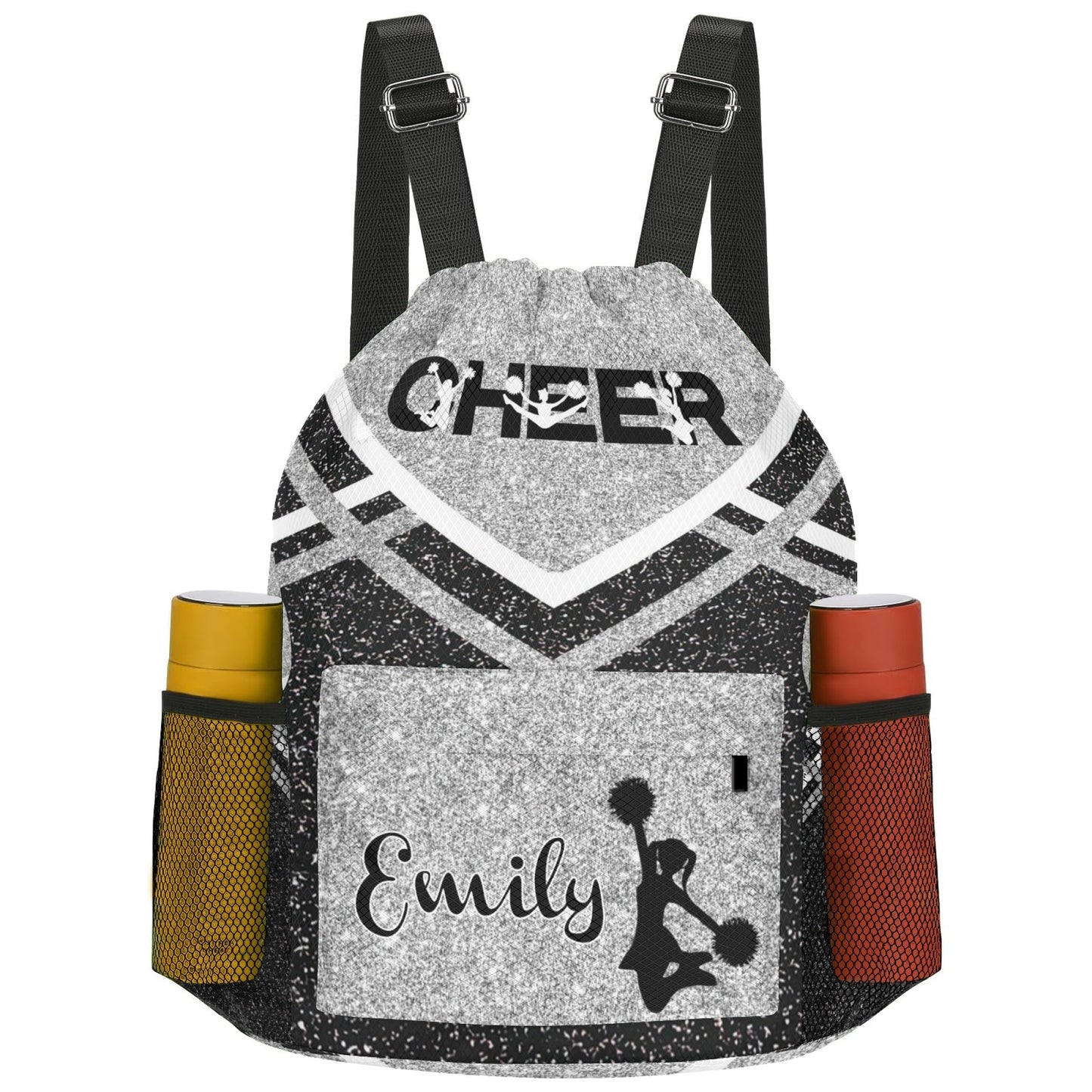 Cheer_Blue_Personalized Cheerleader Drawstring Bag Custom Name Grey